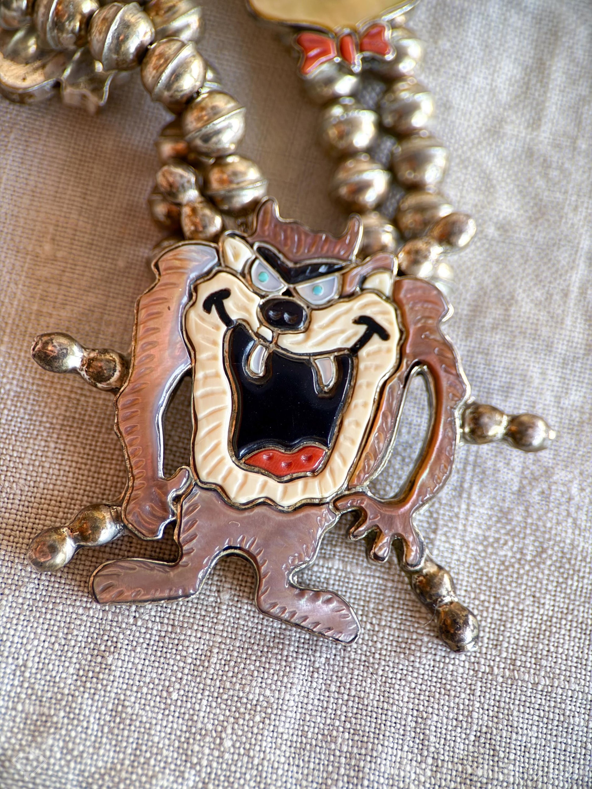 Rare Cartoon Inlaid Gemstone Necklace in 925 Sterling Silver, Vintage Zunitoon from the 1970s