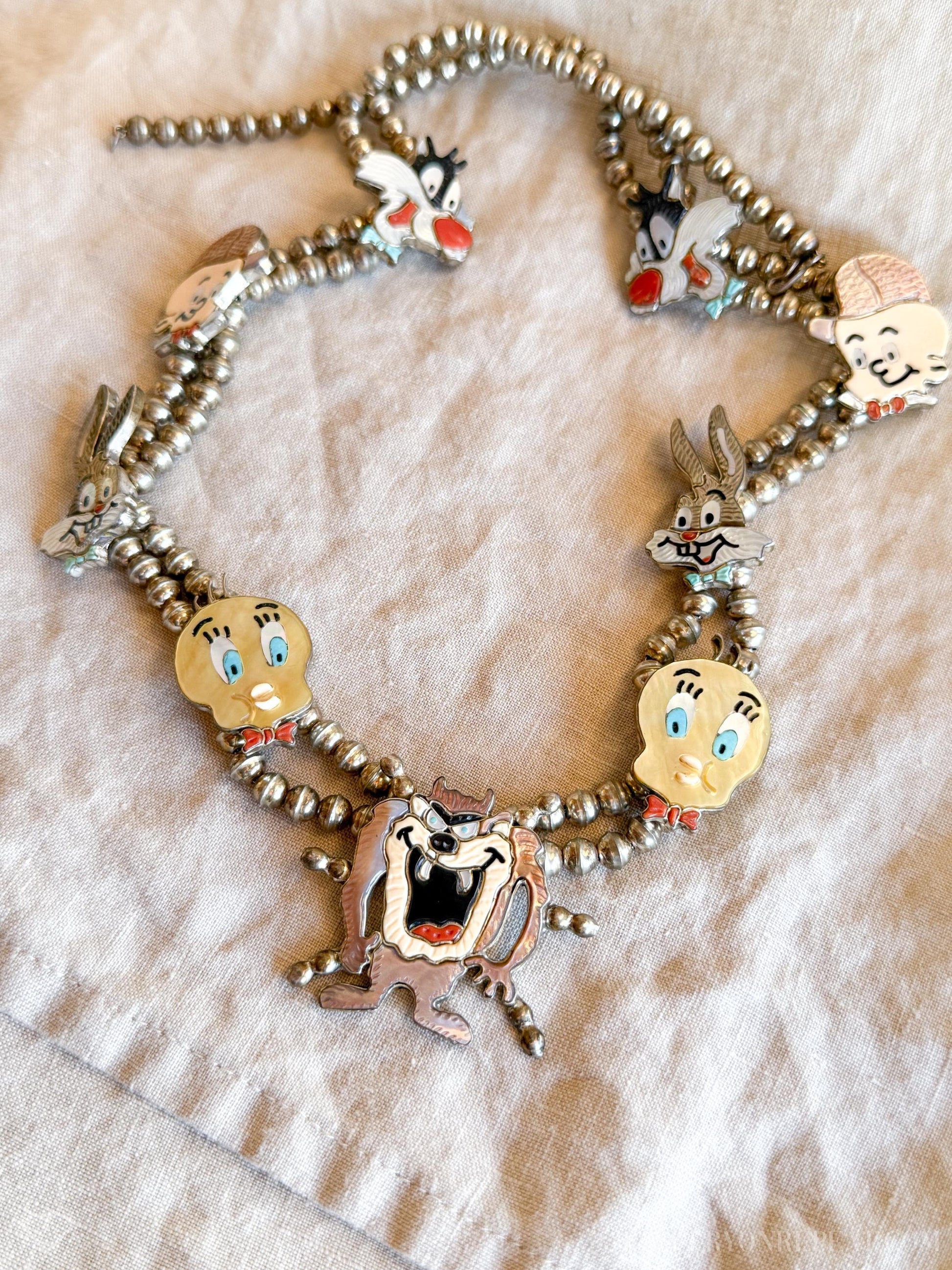 Rare Cartoon Inlaid Gemstone Necklace in 925 Sterling Silver, Vintage Zunitoon from the 1970s