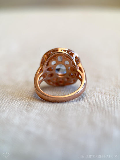 Vintage Blue Spinel Halo Ring, Rose Gold Plated Sterling Silver Statement Jewelry