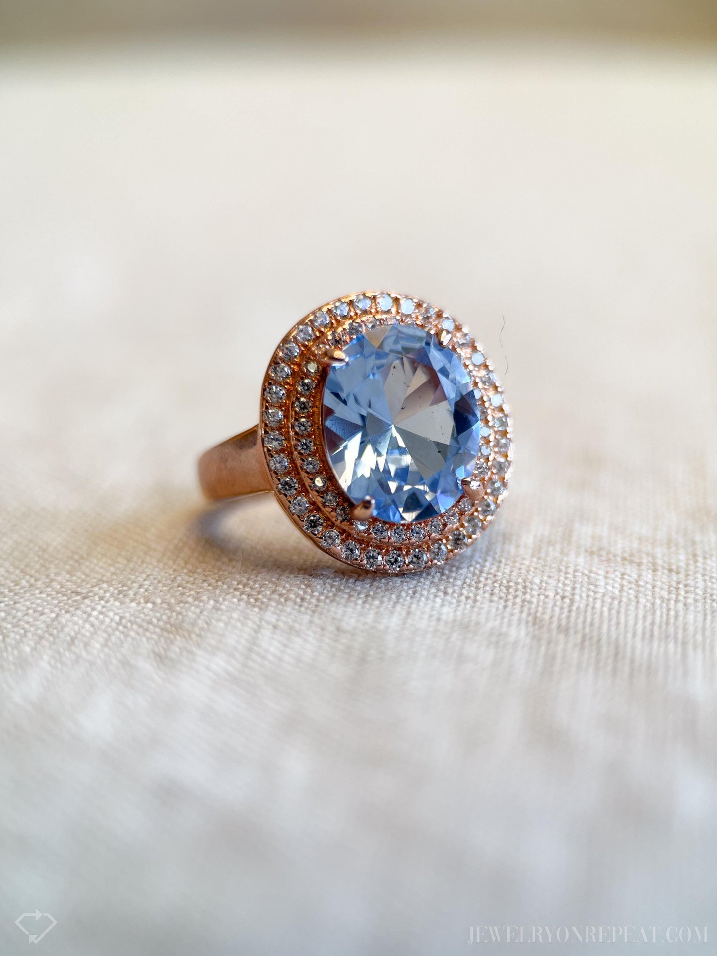 Vintage Blue Spinel Halo Ring, Rose Gold Plated Sterling Silver Statement Jewelry