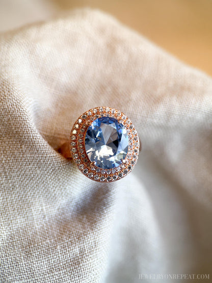 Vintage Blue Spinel Halo Ring, Rose Gold Plated Sterling Silver Statement Jewelry