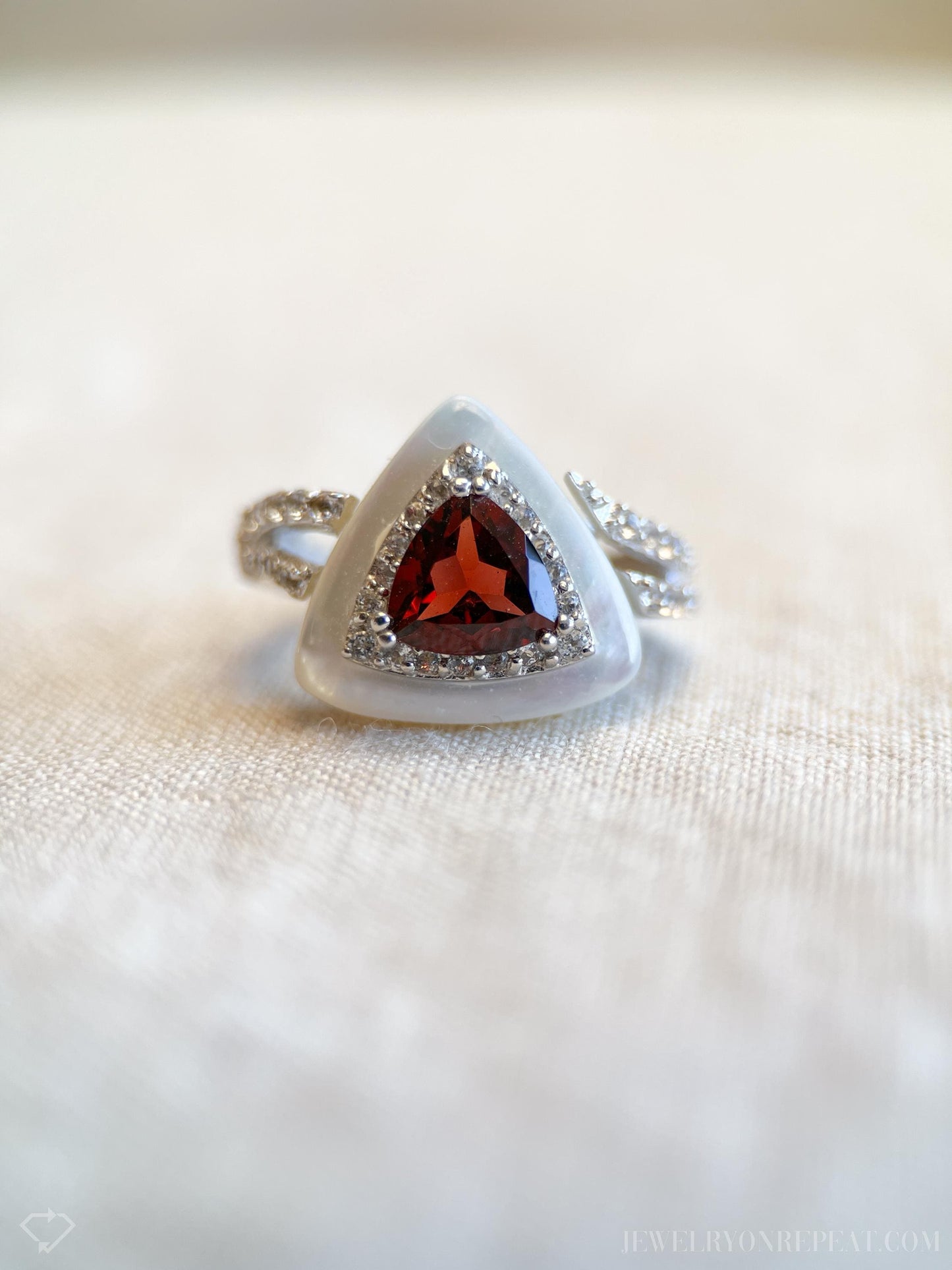 Vintage Garnet Ring Sterling Silver, Triangle Statement Ring, Boho Mother of Pearl Jewelry