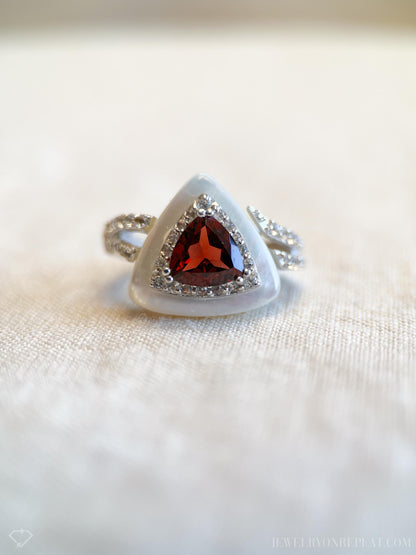 Vintage Garnet Ring Sterling Silver, Triangle Statement Ring, Boho Mother of Pearl Jewelry