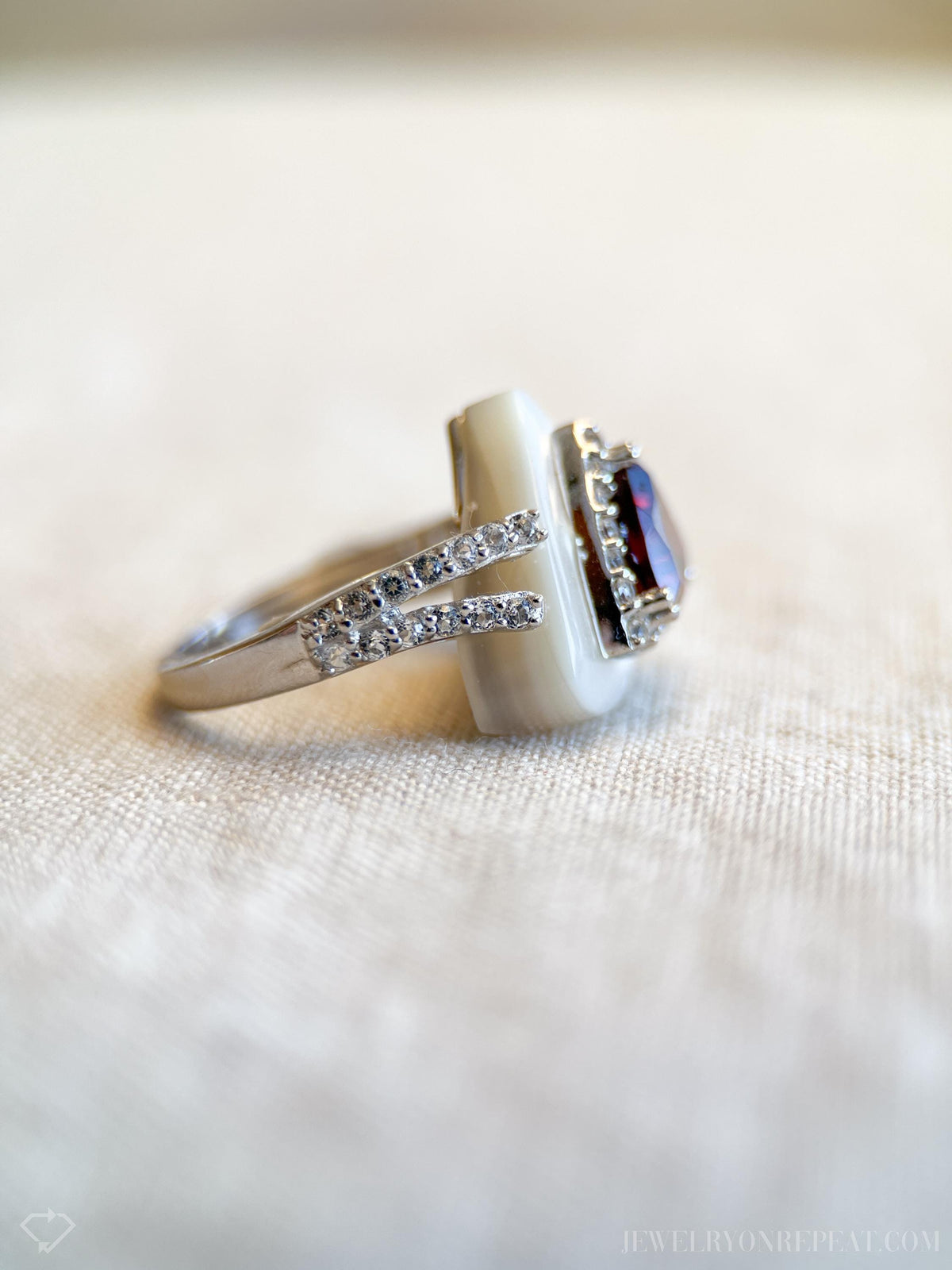 Vintage Garnet Ring Sterling Silver, Triangle Statement Ring, Boho Mother of Pearl Jewelry