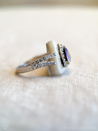 Vintage Garnet Ring Sterling Silver, Triangle Statement Ring, Boho Mother of Pearl Jewelry