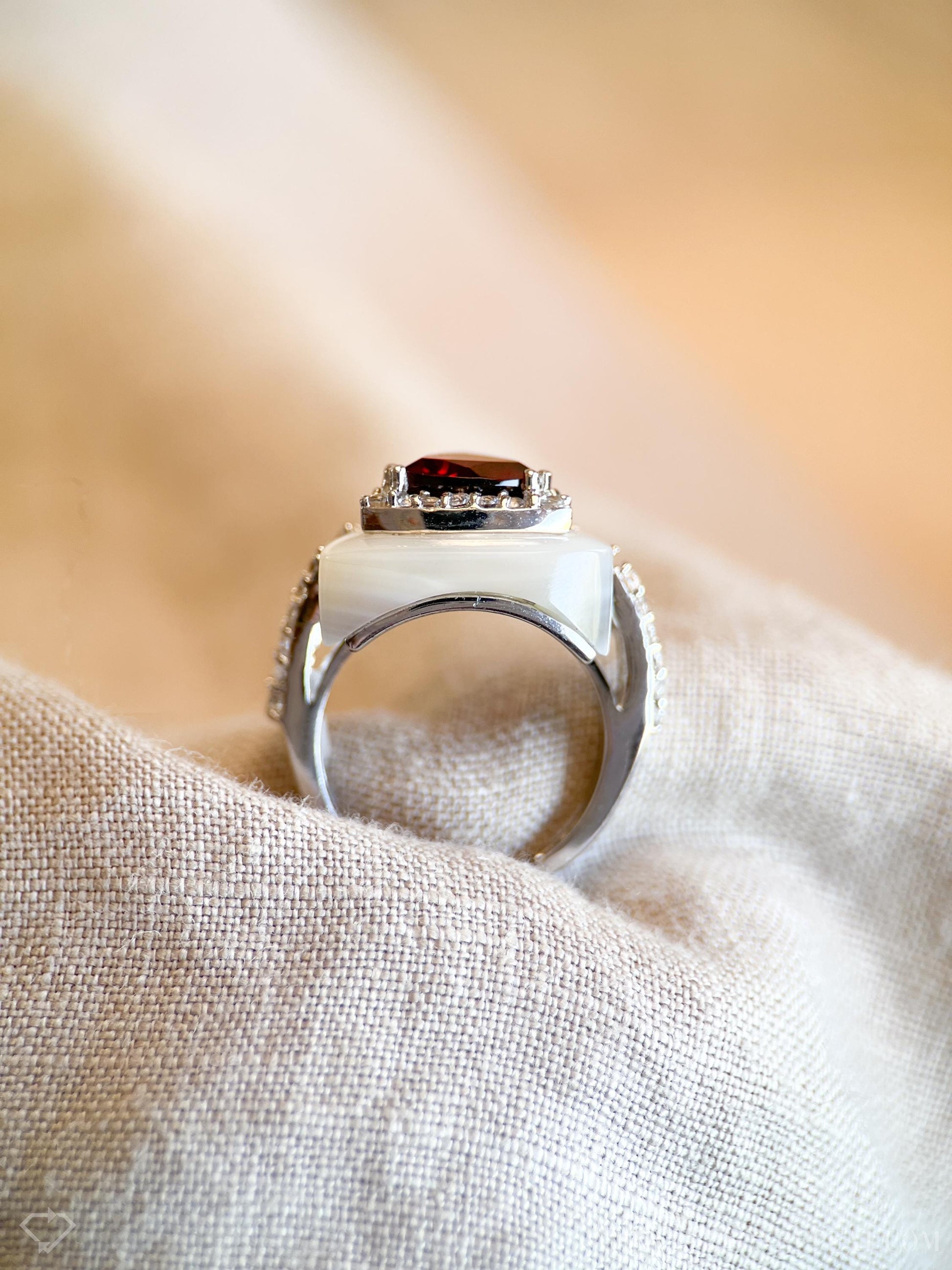Vintage Garnet Ring Sterling Silver, Triangle Statement Ring, Boho Mother of Pearl Jewelry