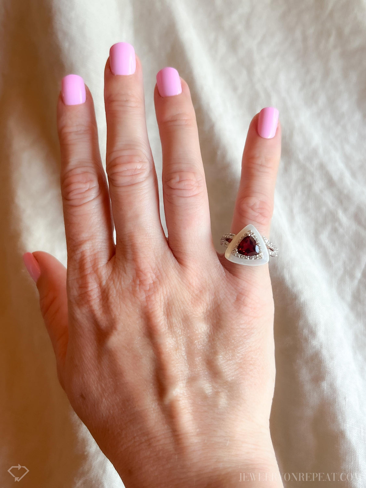 Vintage Garnet Ring Sterling Silver, Triangle Statement Ring, Boho Mother of Pearl Jewelry