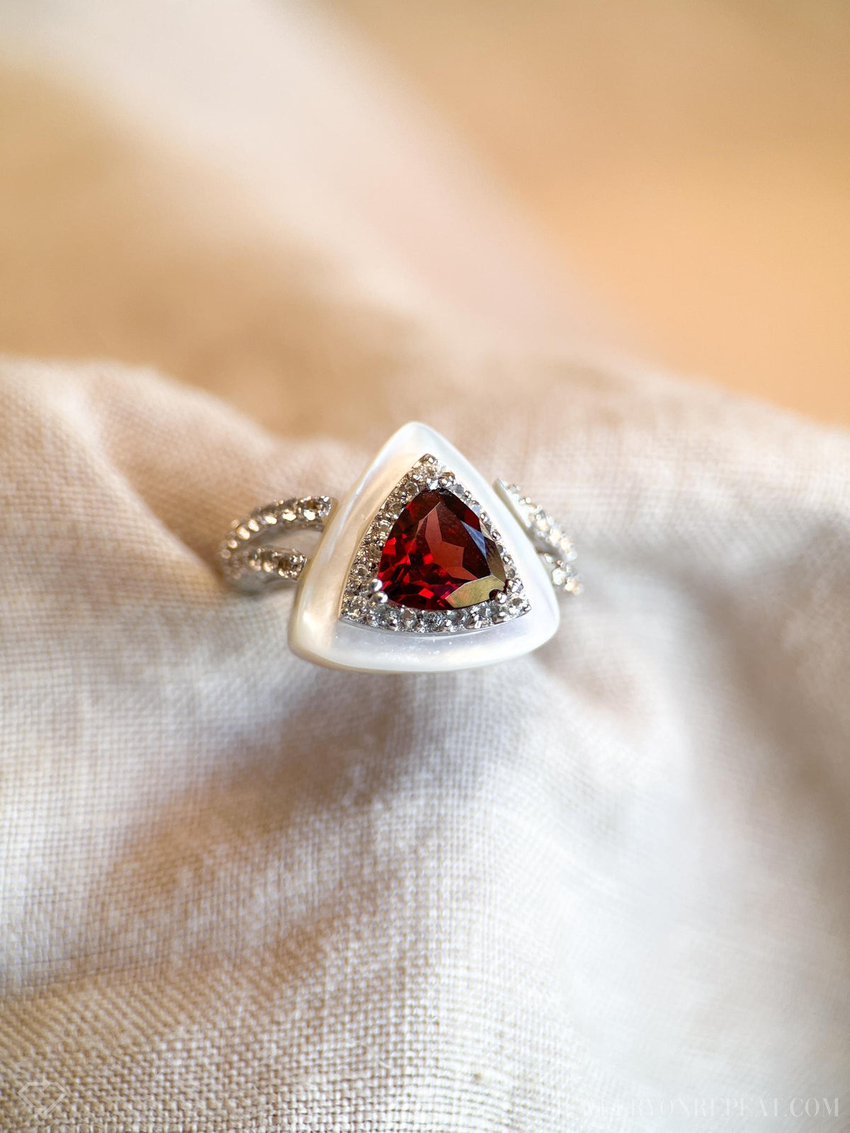Vintage Garnet Ring Sterling Silver, Triangle Statement Ring, Boho Mother of Pearl Jewelry