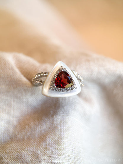 Vintage Garnet Ring Sterling Silver, Triangle Statement Ring, Boho Mother of Pearl Jewelry