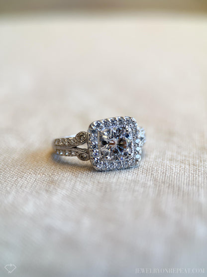 Vintage Cubic Zirconia Engagement Ring, Round Cut, Sterling Silver, 2000s Halo Bridal Ring