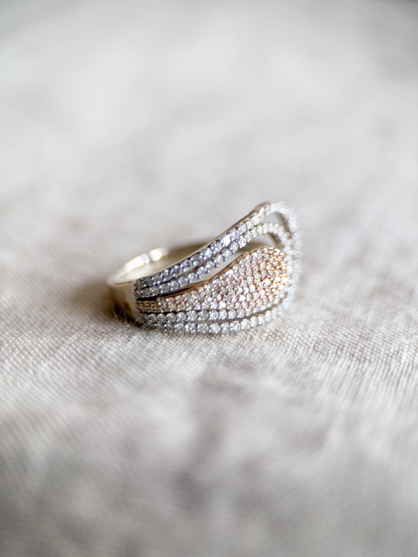 Vintage Diamond Ring, 14k White Gold, Asymmetrical Pave Statement Band, Elegant Anniversary Jewelry