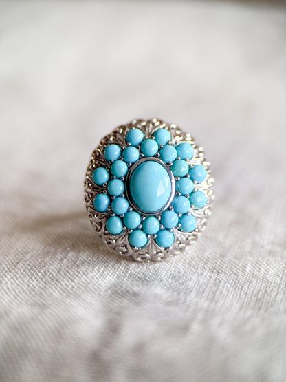 Vintage Turquoise Sterling Silver Cluster Ring, Boho Sunburst Statement Jewelry