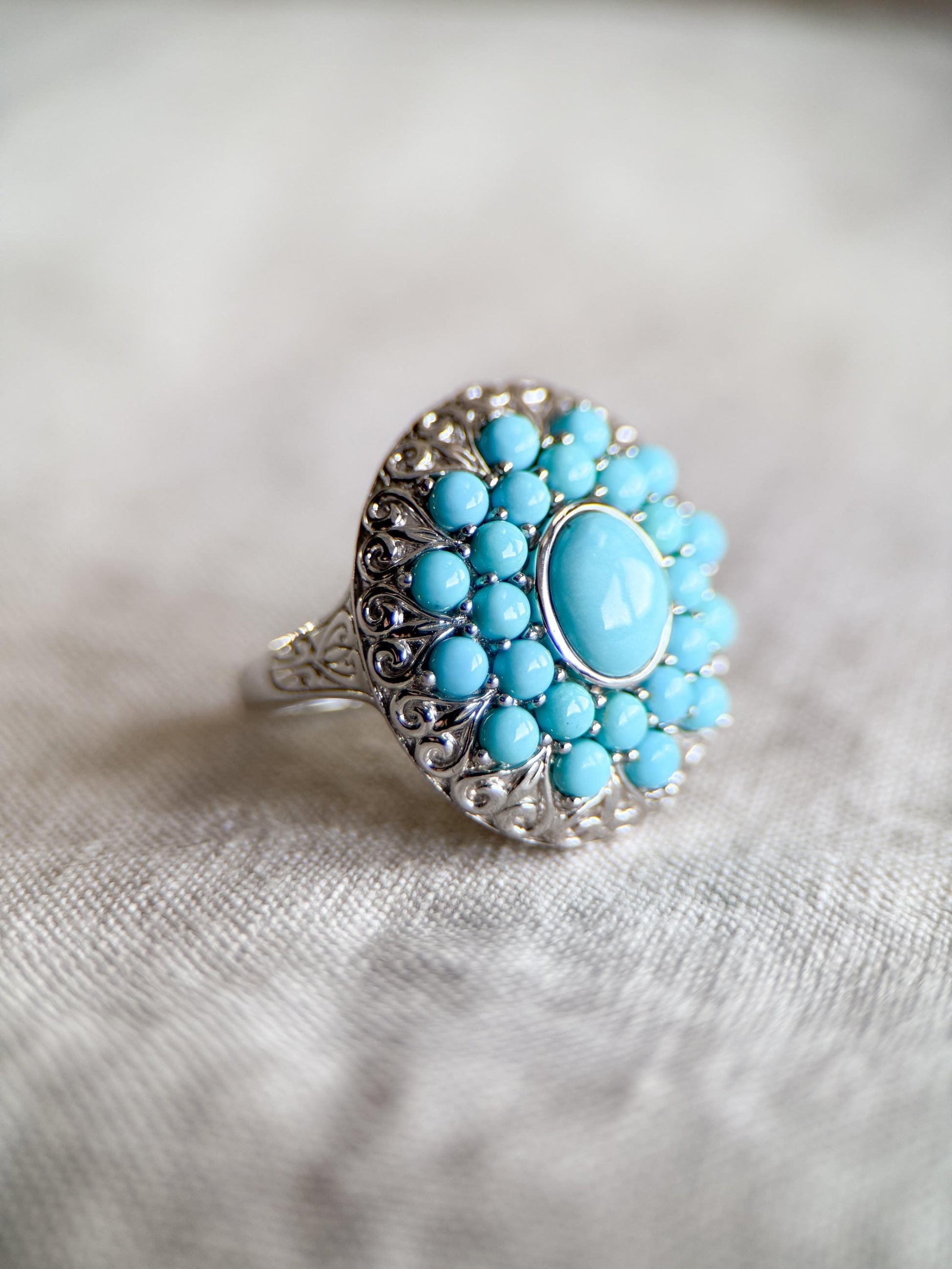 Vintage Turquoise Sterling Silver Cluster Ring, Boho Sunburst Statement Jewelry