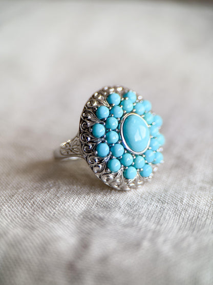 Vintage Turquoise Sterling Silver Cluster Ring, Boho Sunburst Statement Jewelry