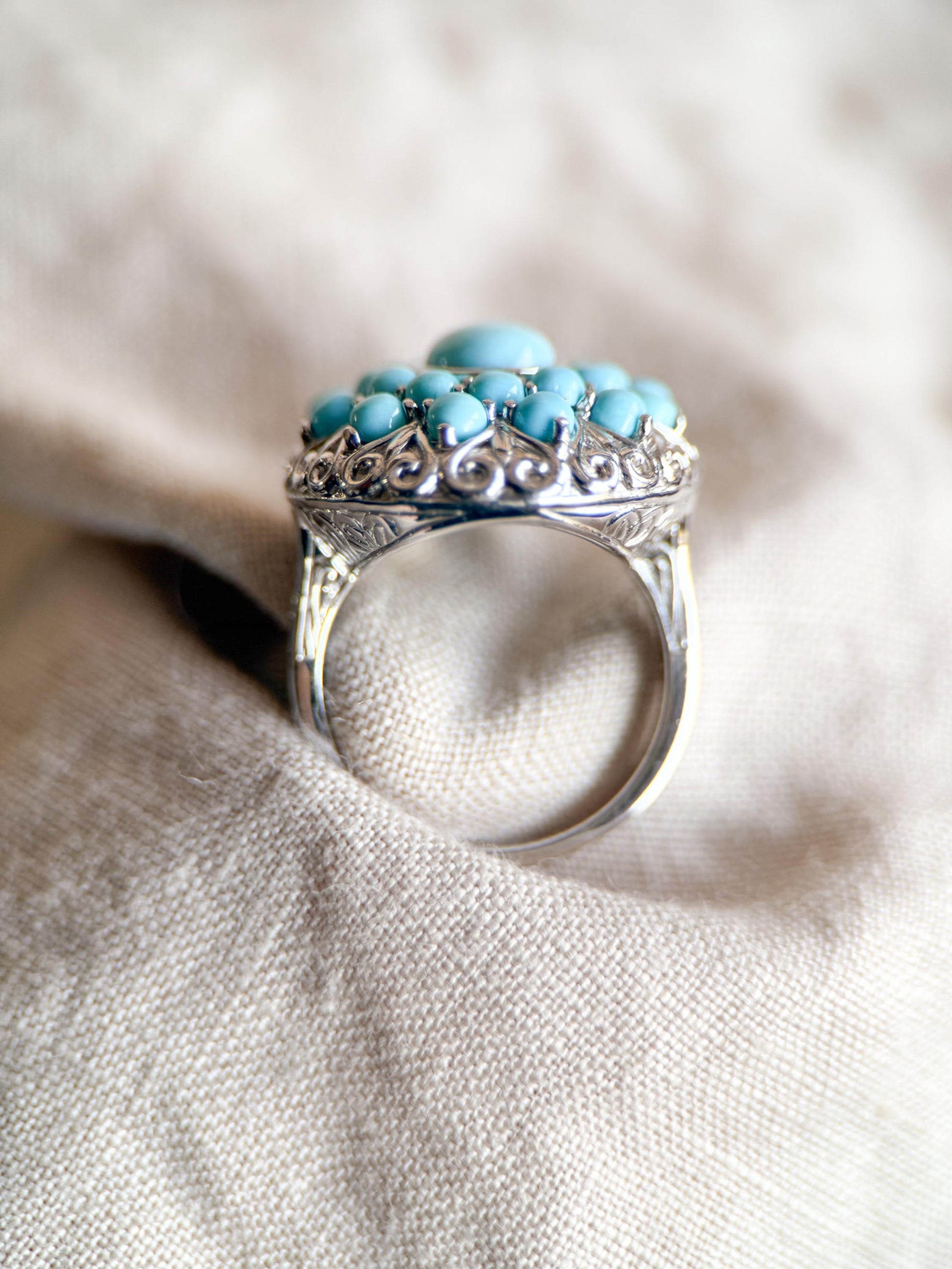Vintage Turquoise Sterling Silver Cluster Ring, Boho Sunburst Statement Jewelry