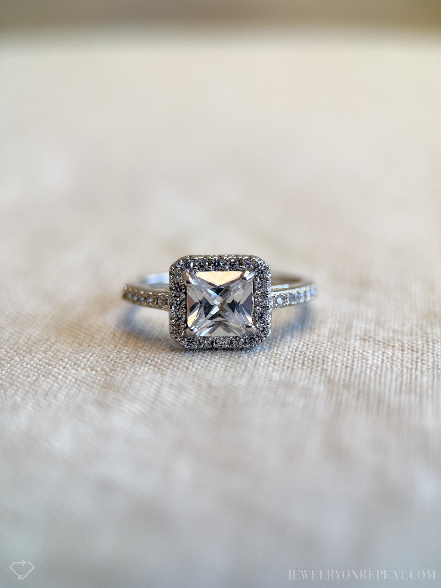 Cubic Zirconia Engagement Ring, Princess Cut, Sterling Silver, Square Halo Prong Setting