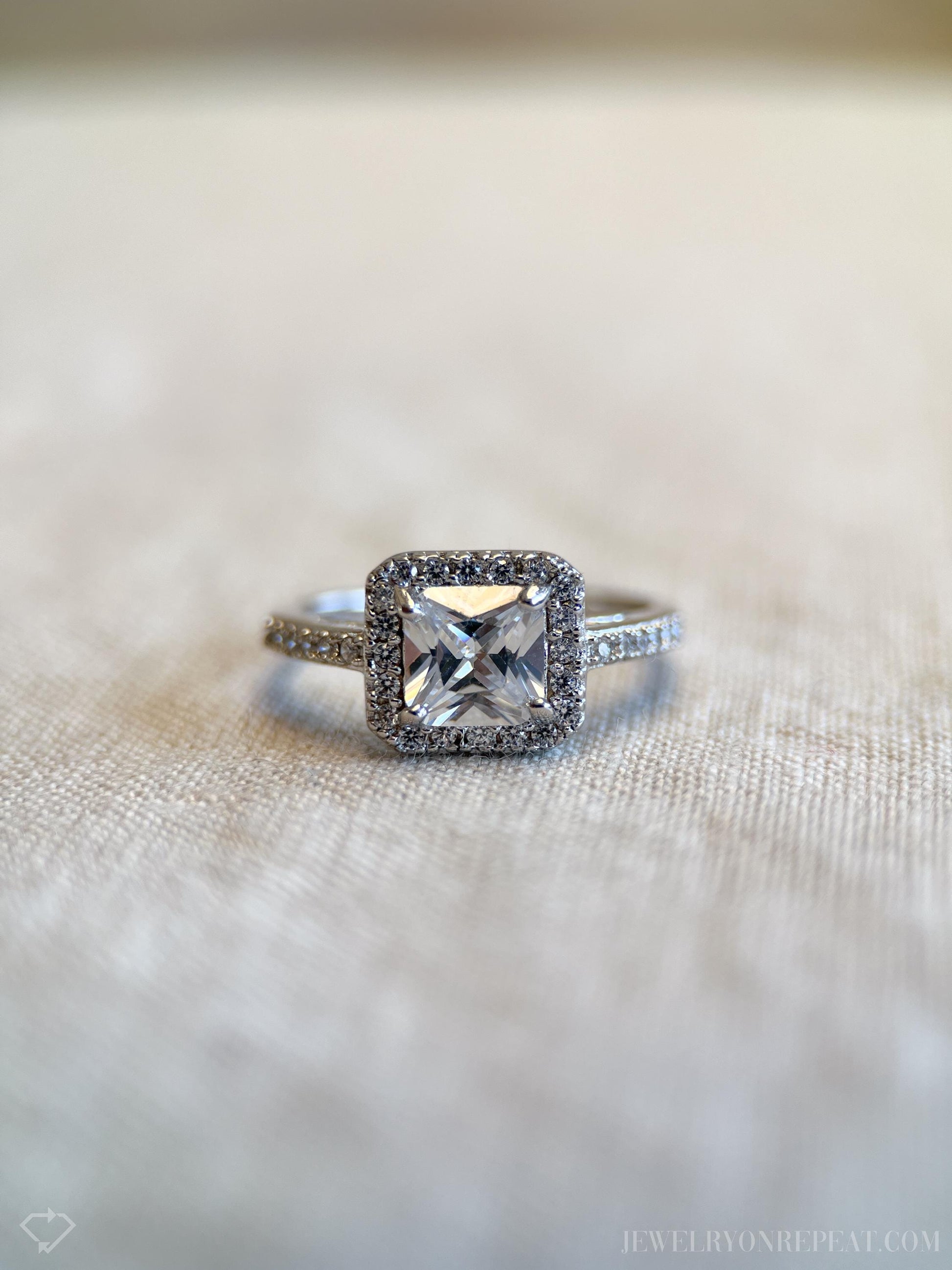 Cubic Zirconia Engagement Ring, Princess Cut, Sterling Silver, Square Halo Prong Setting