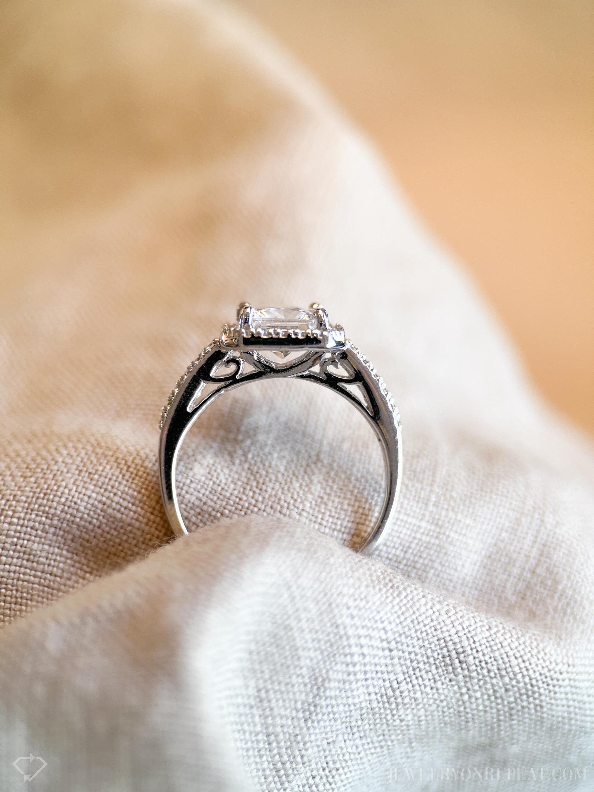 Cubic Zirconia Engagement Ring, Princess Cut, Sterling Silver, Square Halo Prong Setting