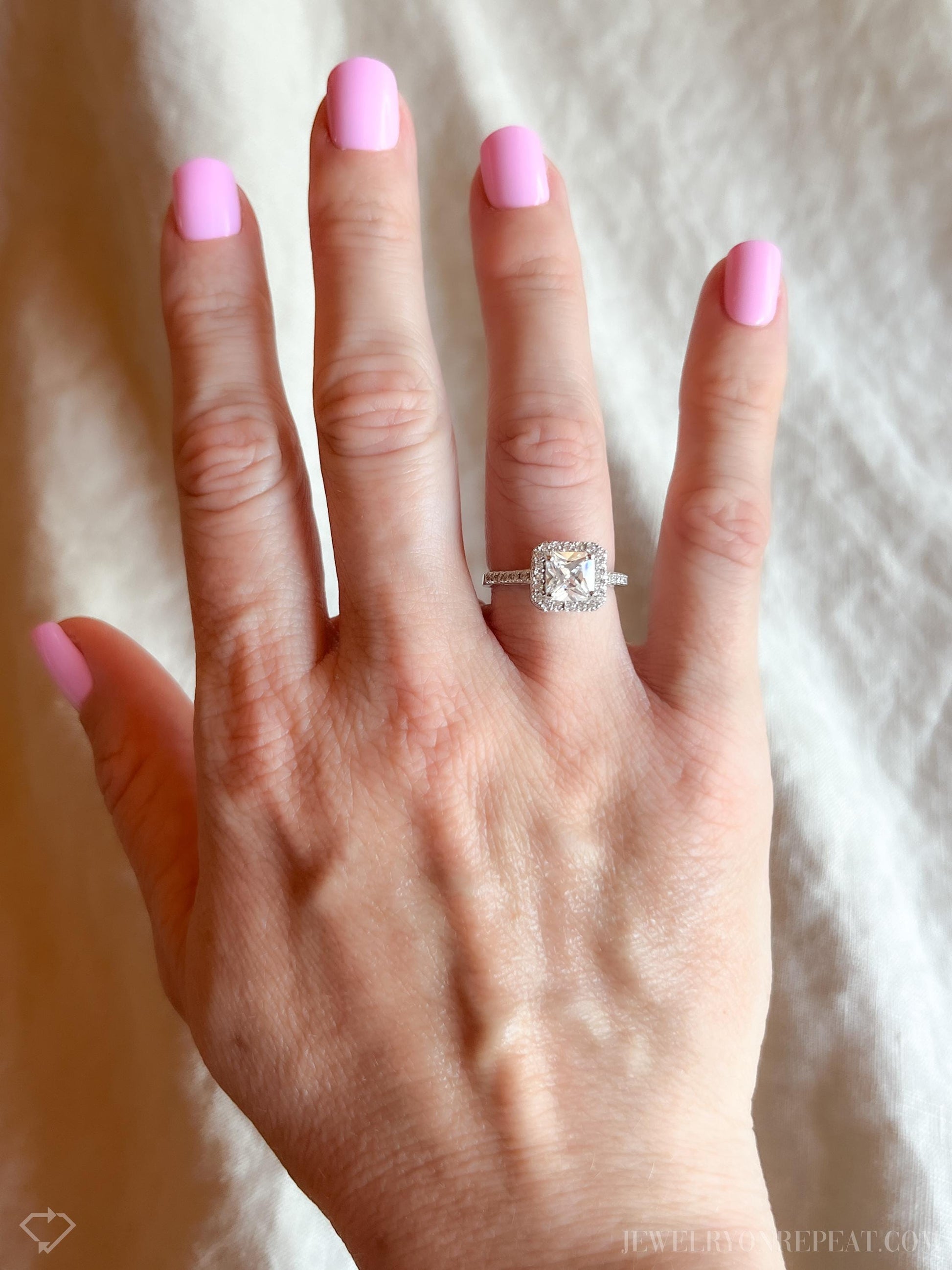 Cubic Zirconia Engagement Ring, Princess Cut, Sterling Silver, Square Halo Prong Setting