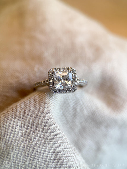 Cubic Zirconia Engagement Ring, Princess Cut, Sterling Silver, Square Halo Prong Setting