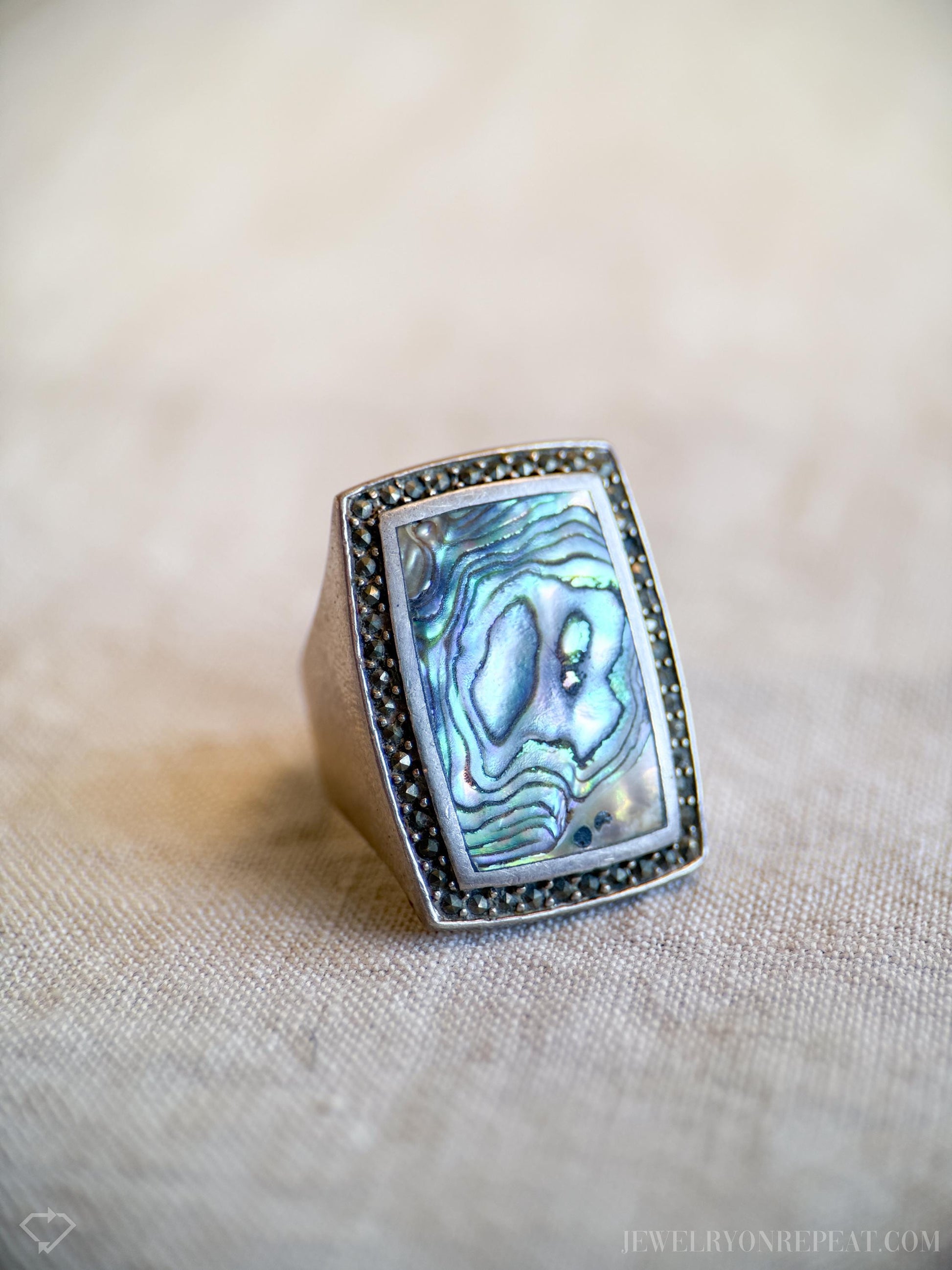 Vintage Sterling Silver Abalone Marcasite Ring, Rectangular Statement Boho Jewelry
