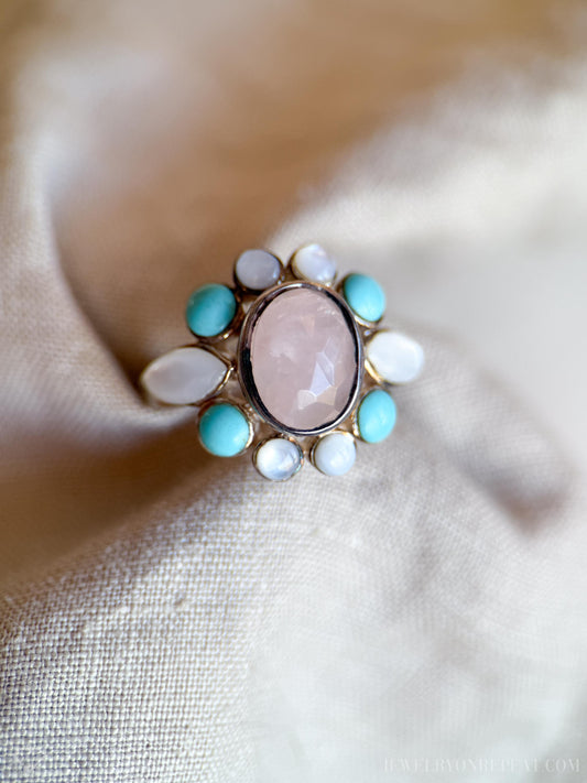 Vintage Rose Quartz and Turquoise Gemstone Ring in Sterling Silver