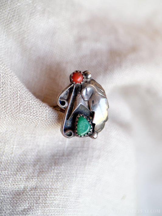 Vintage Turquoise and Coral Gemstone Ring in Sterling Silver