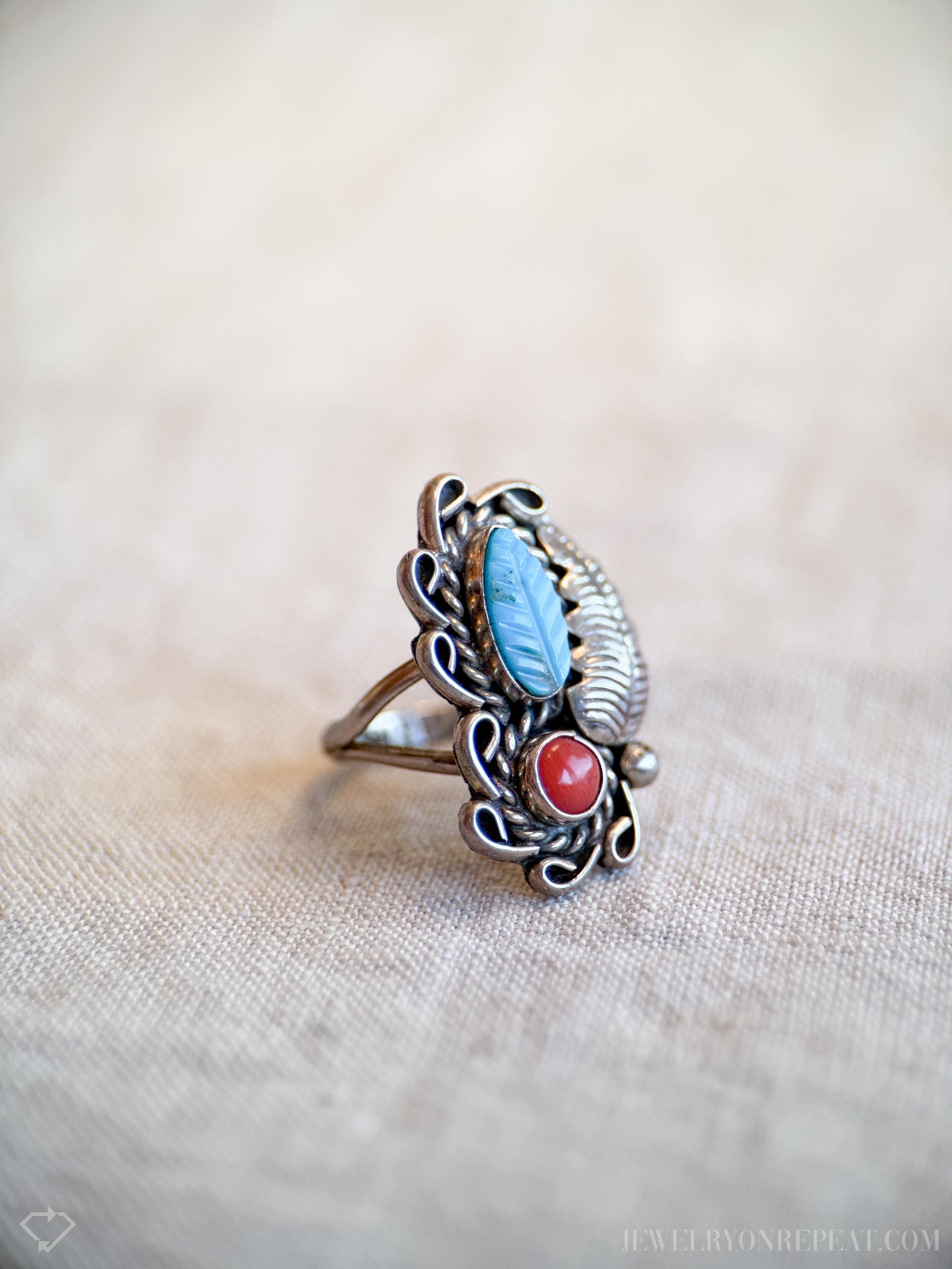 Vintage Turquoise and Coral Ring Sterling Silver, Southwestern Statement Ring, Boho Everyday Jewelry