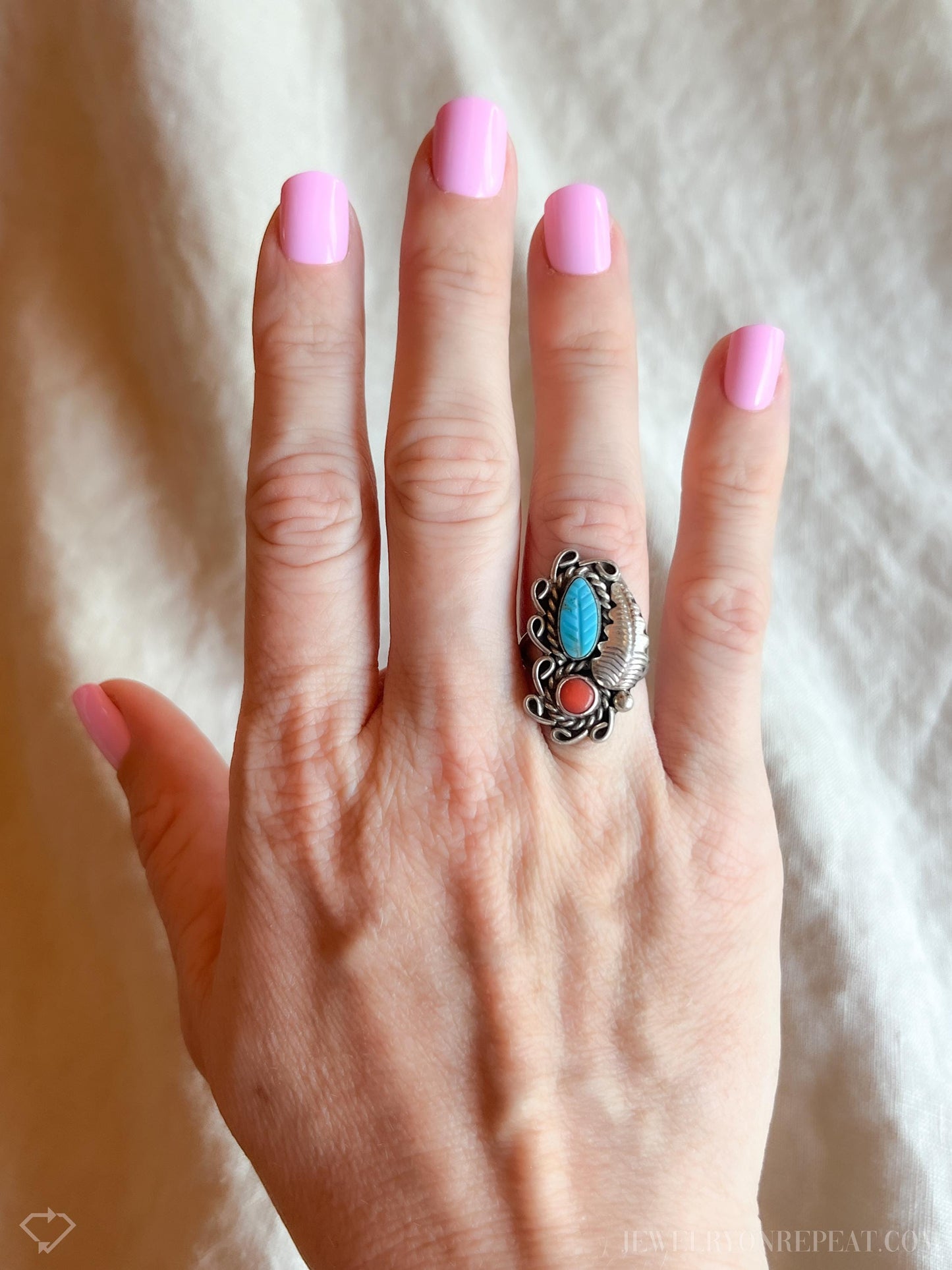 Vintage Turquoise and Coral Ring Sterling Silver, Southwestern Statement Ring, Boho Everyday Jewelry