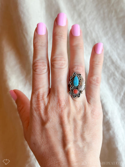 Vintage Turquoise and Coral Ring Sterling Silver, Southwestern Statement Ring, Boho Everyday Jewelry