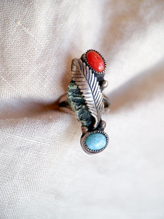 Vintage Turquoise and Coral Gemstone Ring in Sterling Silver