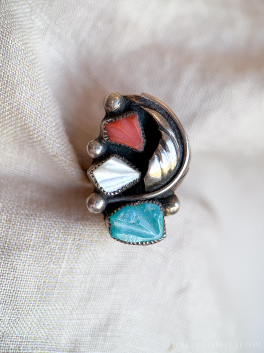 Vintage Turquoise and Coral Gemstone Ring in Sterling Silver