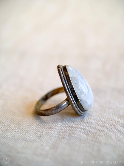 Vintage Teardrop Moonstone Ring, Sterling Silver Boho Statement Jewelry