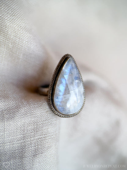Vintage Teardrop Moonstone Ring, Sterling Silver Boho Statement Jewelry