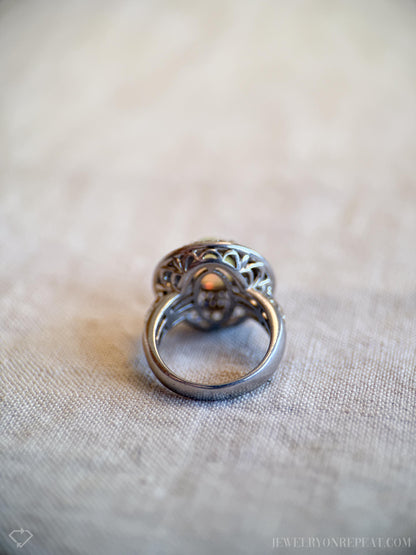 Vintage Ethiopian Opal Filigree Ring, Sterling Silver Statement Cocktail Jewelry