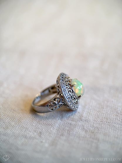 Vintage Ethiopian Opal Filigree Ring, Sterling Silver Statement Cocktail Jewelry
