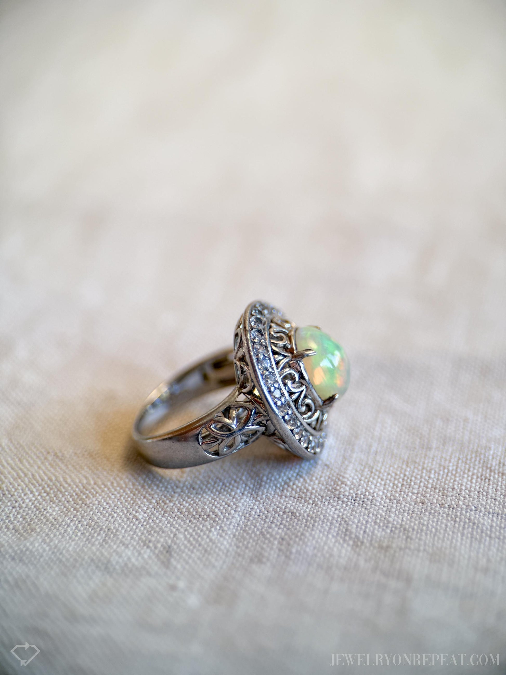 Vintage Ethiopian Opal Filigree Ring, Sterling Silver Statement Cocktail Jewelry