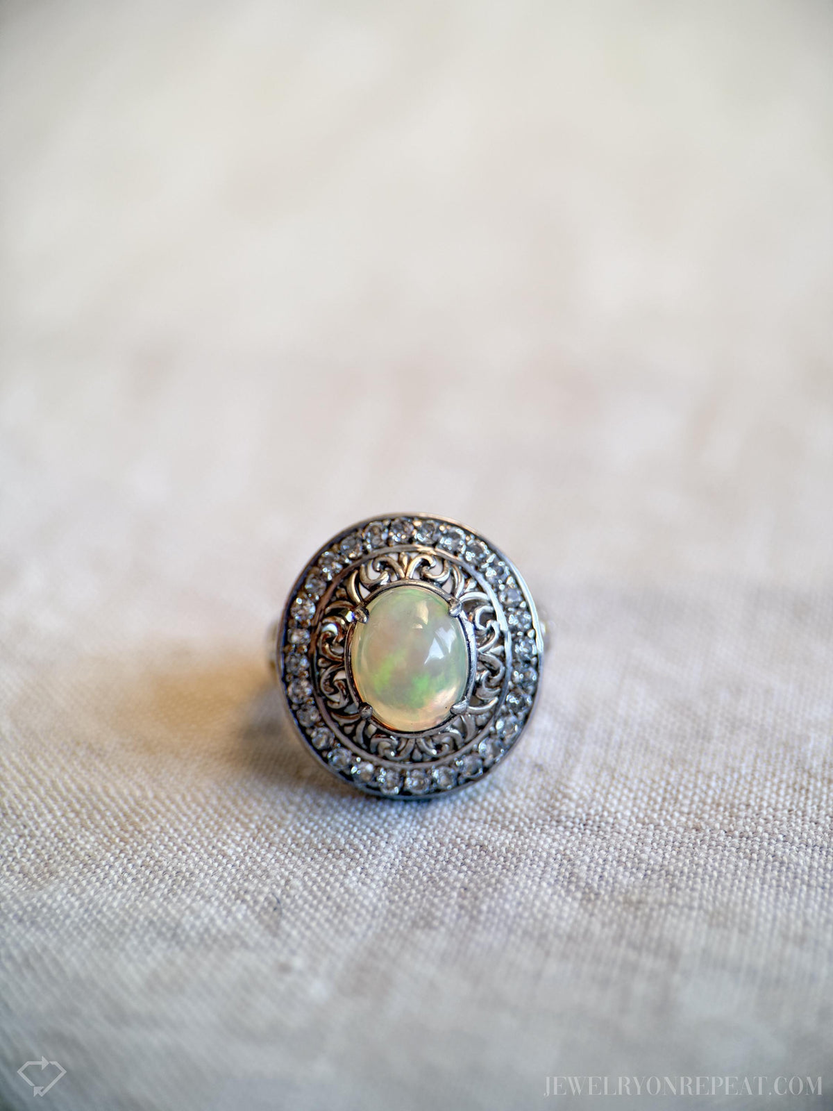 Vintage Ethiopian Opal Filigree Ring, Sterling Silver Statement Cocktail Jewelry
