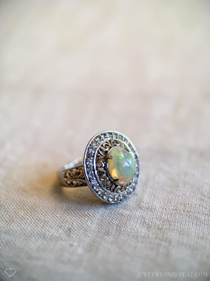 Vintage Ethiopian Opal Filigree Ring, Sterling Silver Statement Cocktail Jewelry