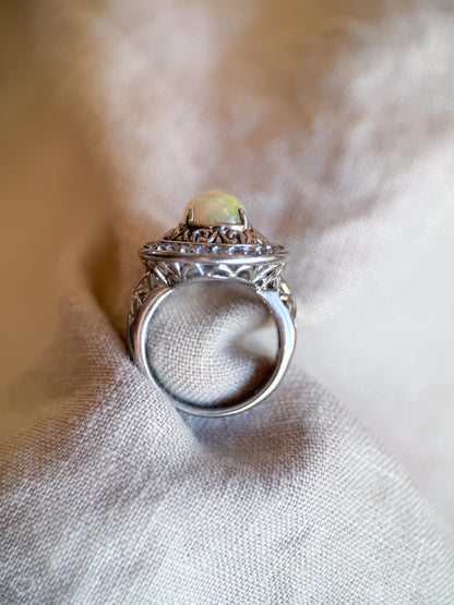 Vintage Ethiopian Opal Filigree Ring, Sterling Silver Statement Cocktail Jewelry