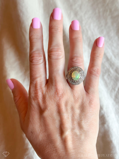 Vintage Ethiopian Opal Filigree Ring, Sterling Silver Statement Cocktail Jewelry