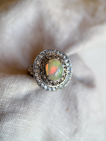 Vintage Ethiopian Opal Filigree Ring, Sterling Silver Statement Cocktail Jewelry
