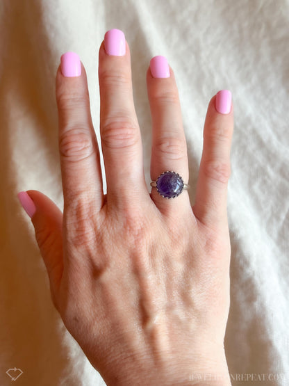 Vintage Amethyst Ring Sterling Silver, Round Cabochon Statement Ring, Boho Everyday Jewelry