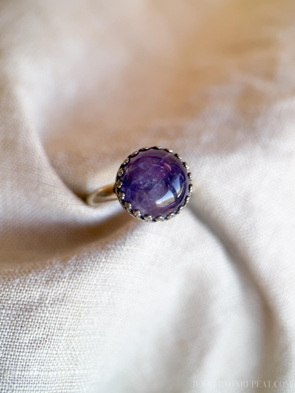 Vintage Amethyst Ring Sterling Silver, Round Cabochon Statement Ring, Boho Everyday Jewelry