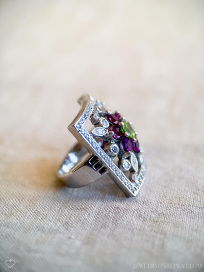 Vintage Floral Sterling Silver Ring, Statement Boho Purple Gemstone Jewelry