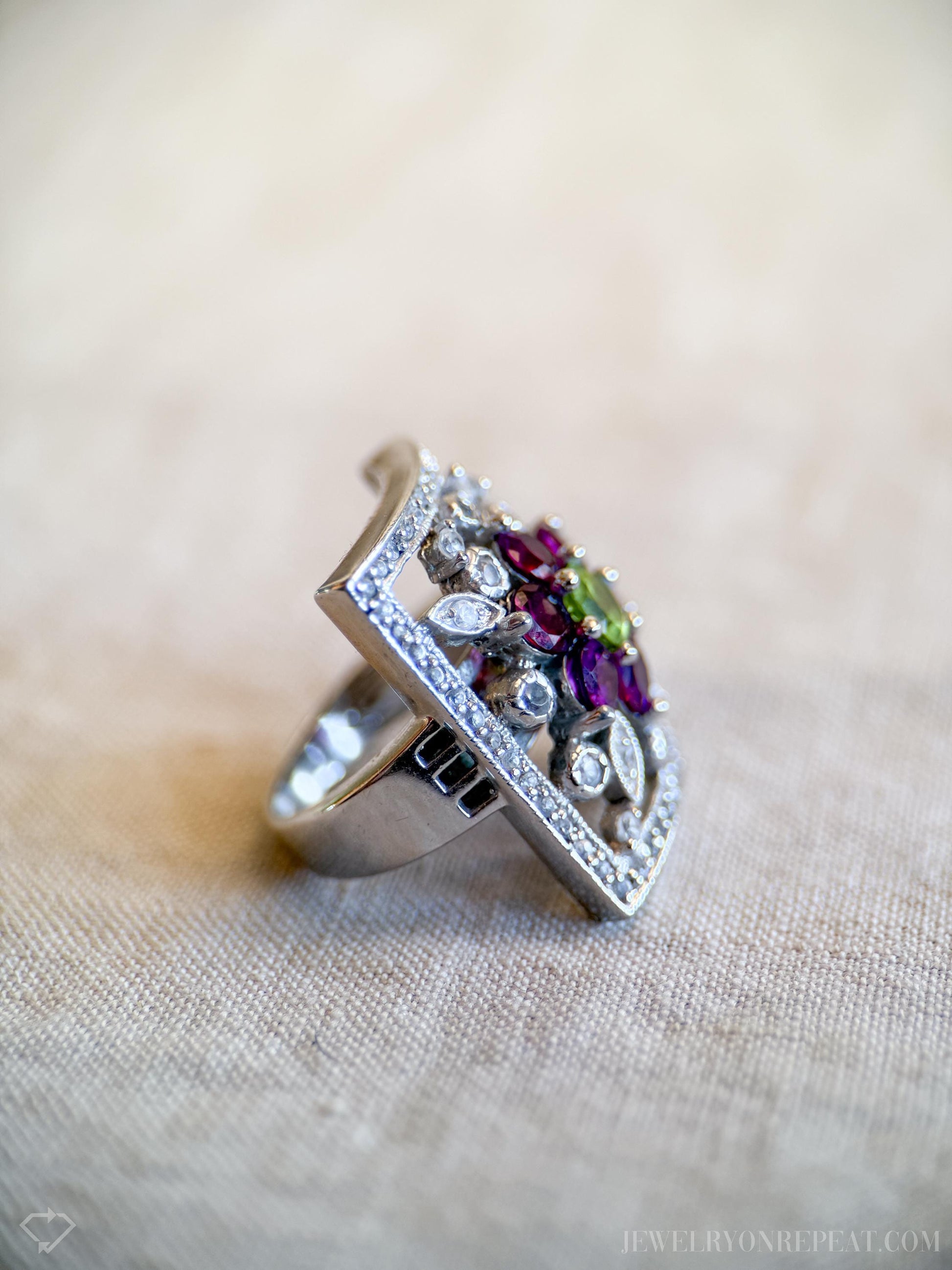 Vintage Floral Sterling Silver Ring, Statement Boho Purple Gemstone Jewelry