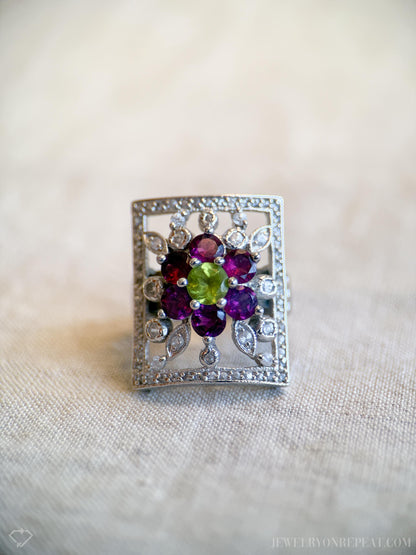 Vintage Floral Sterling Silver Ring, Statement Boho Purple Gemstone Jewelry