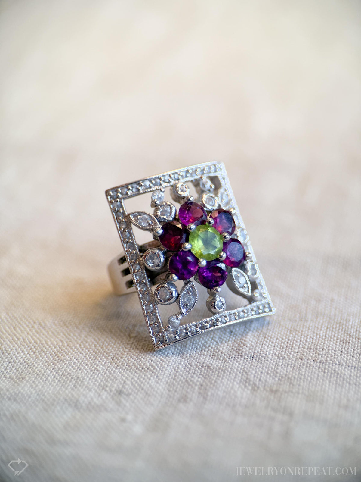 Vintage Floral Sterling Silver Ring, Statement Boho Purple Gemstone Jewelry