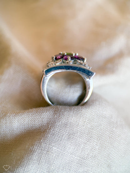 Vintage Floral Sterling Silver Ring, Statement Boho Purple Gemstone Jewelry