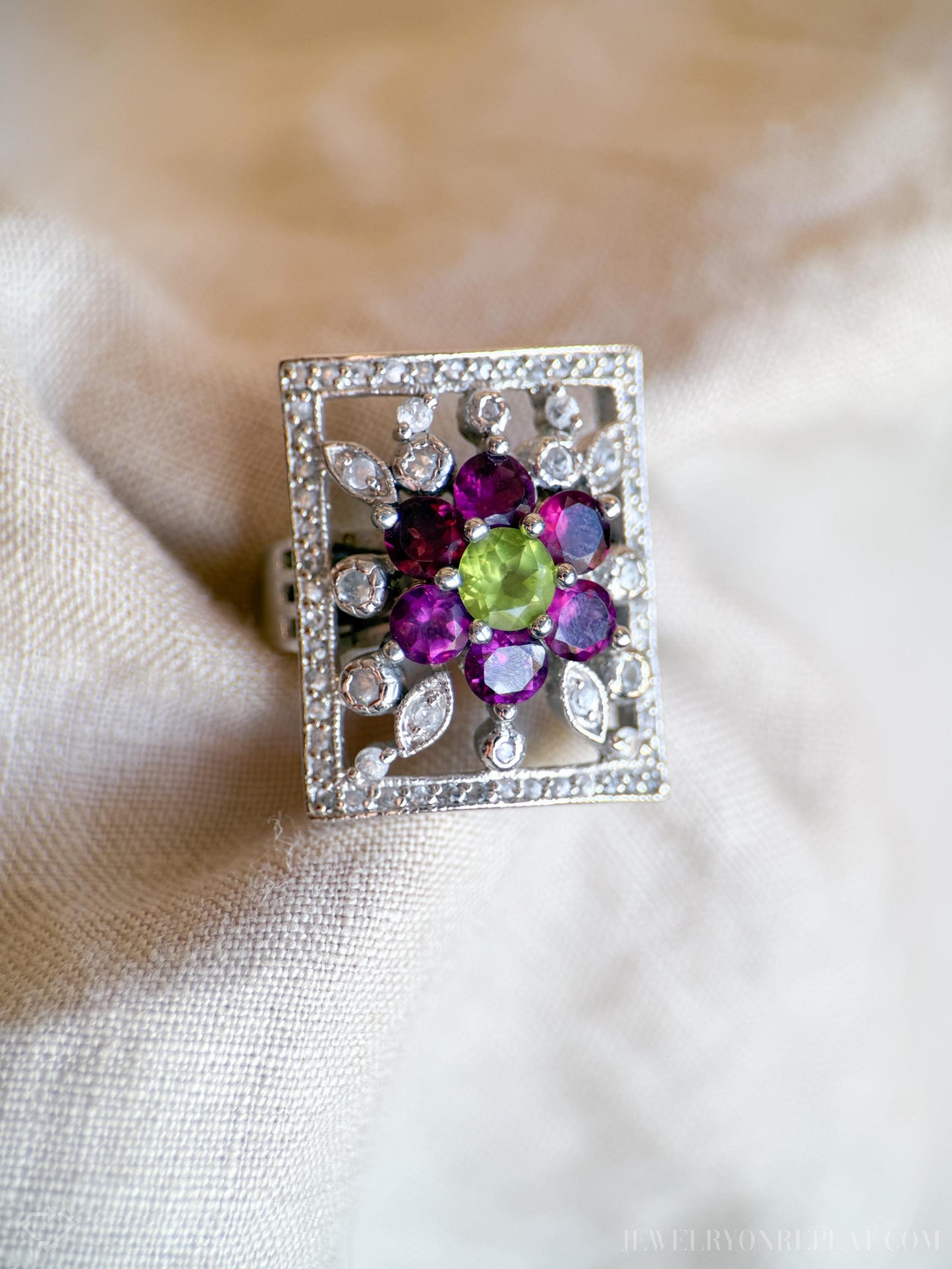 Vintage Floral Gemstone Ring in Sterling Silver